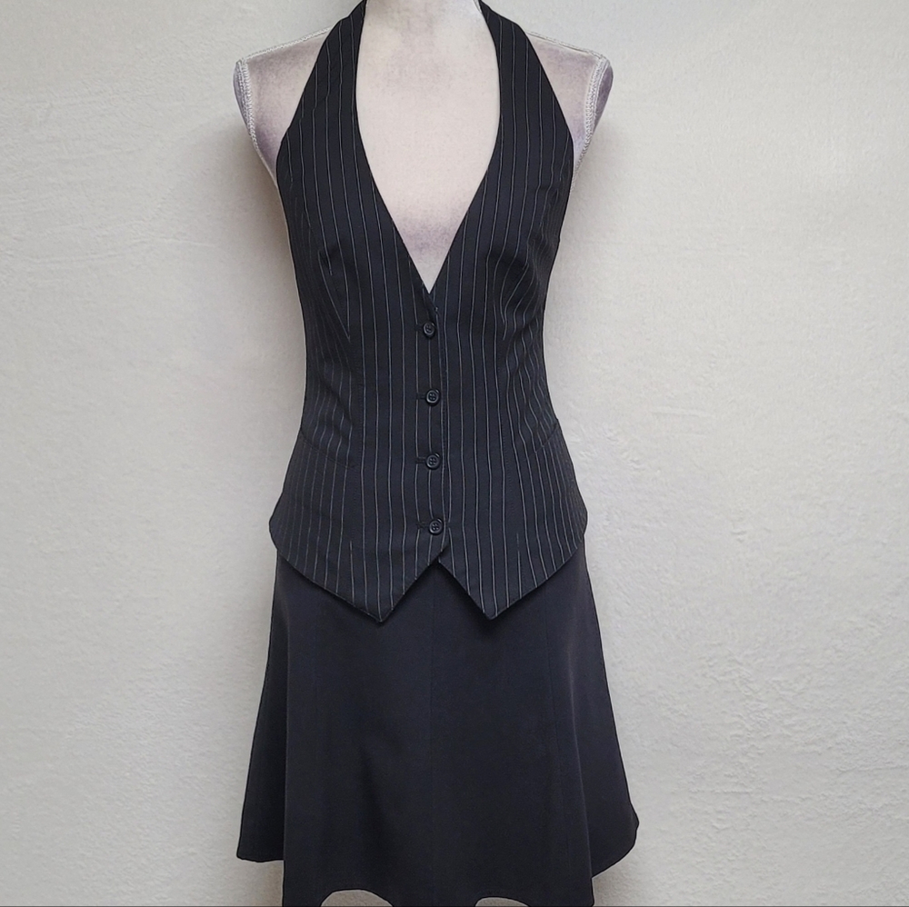 The Limited Rare Vintage Black Pinstripe Backless Halter Vest Flared Mini Skirt - Picture 2 of 15